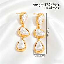 1 par de pendientes asimétricos de estilo palaciego vintage con perlas colgantes, pendientes largos de metal para mujeres, adecuados para bodas y galas [tamaño y forma de la perla asignados al azar] - pendientes de borlas de perlas - Ver 5