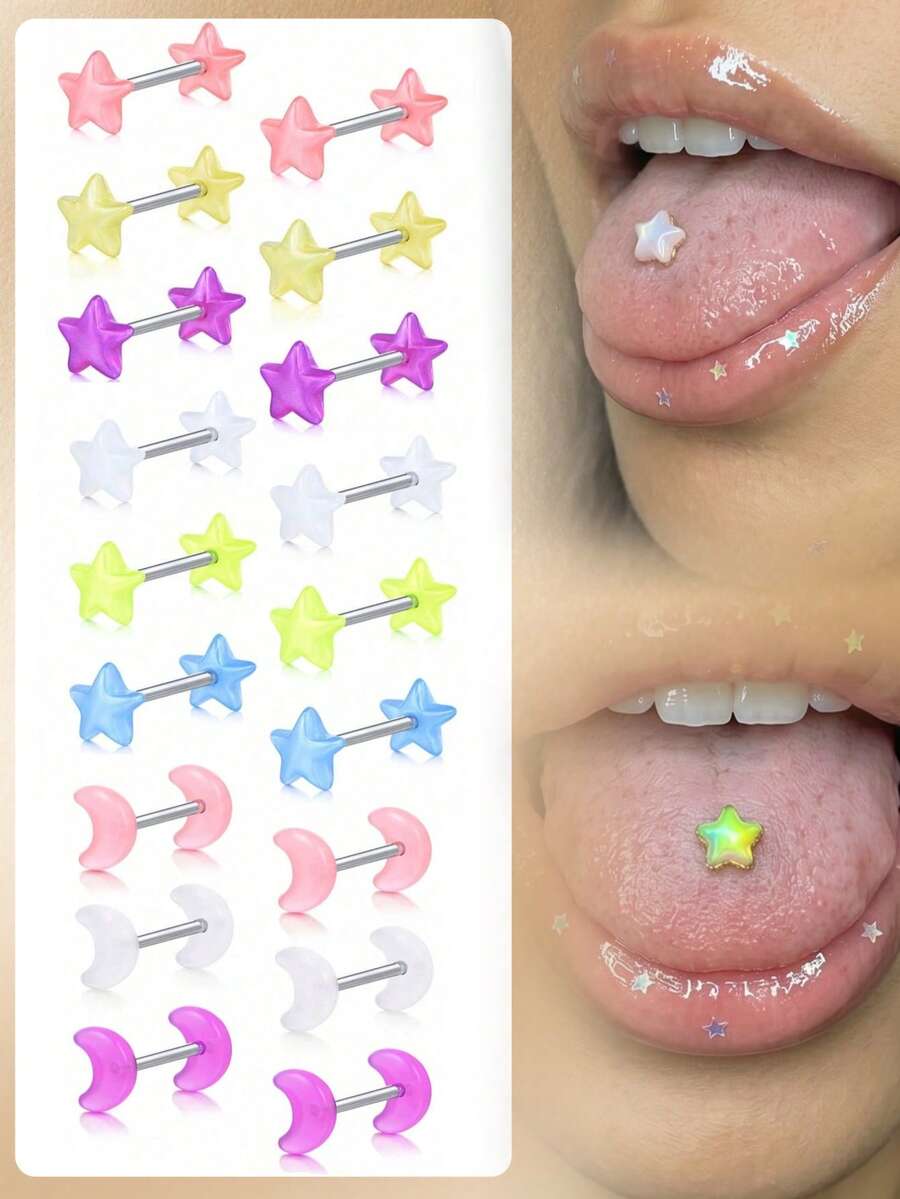 CIZME 16mm 14G Stainless Steel Straight Barbell Piercing Jewelry With Colorful Moon & Star Designs, Unisex Tongue/Nipple Ring - Straight Barbells - View 1