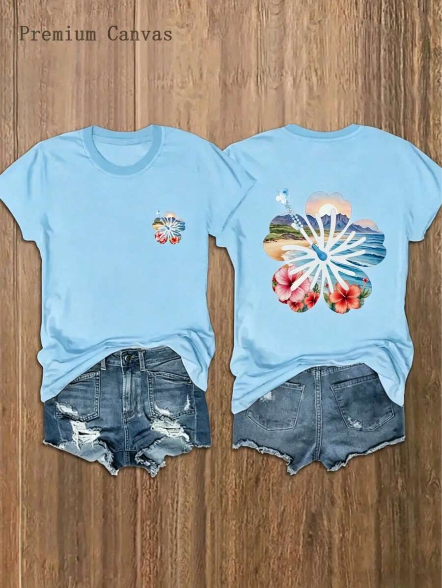 Women'S T-Shirt Beach Vacation Style, Floral Printed Boho Style, Crew Neck Casual Short Sleeve, Hibiscus Flower Graphic On Front & Back - 薄荷藍 - 查看 1