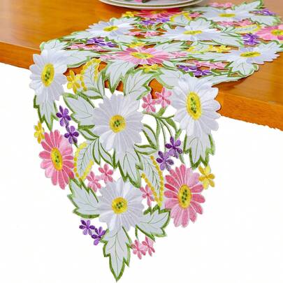 1 chiếc khăn trải bàn thêu hoa cúc mùa xuân, chất liệu vải lanh trang trí nhà cửa, kích thước 13 x 34 inch.