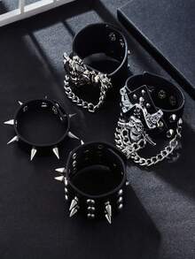 1-4 chiếc vòng tay da bản rộng, đính đinh tán hình đầu lâu quỷ dữ phong cách Punk Rock Gothic Biker màu đen, có thể điều chỉnh kích thước, dành cho nam giới. - Bạc - Xem 2