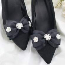 2pcs Black Bow Shoe Clips, Detachable Pearl & Rhinestone Flower Decorations For High Heels, Elegant Accessories For Bridal Wedding & Evening Shoes - #2 - View 1
