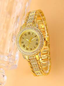 Bộ trang sức và đồng hồ nữ 9 món đính đá Zirconia & Rhinestone, bao gồm 2 vòng tay, 2 dây chuyền, 2 nhẫn, 4 bông tai và 1 dây đeo đồng hồ mạ vàng, thích hợp để đeo hàng ngày. - Vàng - Xem 6