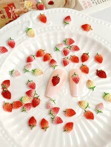 50pcs Random Mixed Color Cute Cartoon Strawberry Nail Art Charms, 3D Resin Realistic Fruit Nail Decoration, Suitable For Summer Nail Art And Phone Case Decoration - Multicolor - View 2