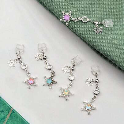 1 mặt dây chuyền hình ngôi sao năm cánh rỗng, nút chặn bụi cho điện thoại có tua rua và trang trí hình bướm, phụ kiện điện thoại
