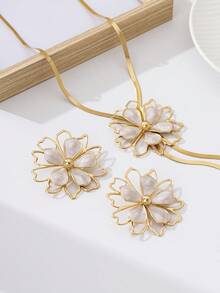 Bộ trang sức thời trang gồm dây chuyền và bông tai hình hoa nhỏ giọt dành cho nữ. - bộ hoa - Xem 7