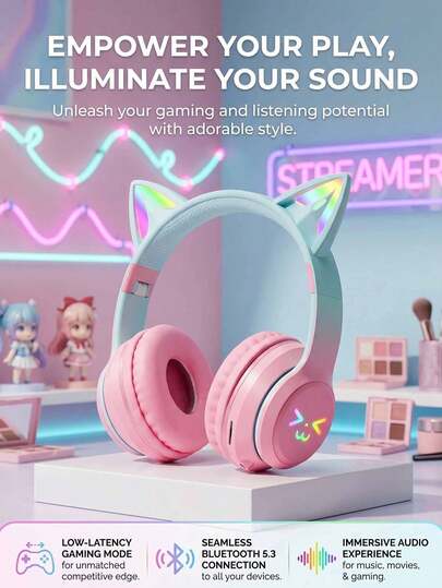 Auriculares inalámbricos con diseño de orejas de gato LED, auriculares lindos para niñas y adolescentes, adecuados para música, juegos, video y uso diario