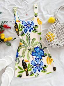 Đầm nữ in họa tiết lá cây, họa tiết thực vật và động vật toàn thân, phong cách Bohemian, thích hợp cho kỳ nghỉ hè trên bãi biển. - Nhiều màu - Xem 6