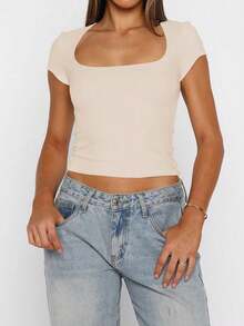 Vaiaye Women's Spring/Summer Sexy Slim Fit Knit Striped Top, Solid Color Square Neck Casual T-Shirt, Suitable For Beach Vacation & Daily Wear - Color - View 5