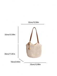 Sac en crochet ajouré ivoire/kaki, sangle en PU + décoration de perles en bois floral, sac à bandoulière décontracté pour les vacances à la plage & les trajets, sac sous le bras en maille fait main, sac fourre-tout de style bohème, sac de shopping d'été pour la plage - Multicolore - Voir 16