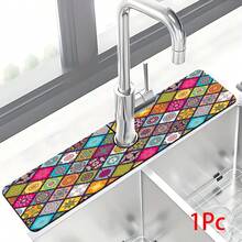 1 pieza Alfombrilla para grifo con estampado bohemio, de poliéster duradero, de secado rápido, fácil de limpiar, adecuada para cocina y baño, fácil instalación, decoración diaria, regalo, alfombrilla de baño, alfombrilla de grifo duradera, accesorio de grifo - Multicolor - Ver 12