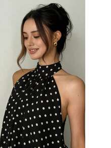 Valentine Outfits For Women Sweet Vacation Slim Sexy Backless Halter Waist-Cinching Top Puffy Short Skirt Dress For Women - 黑白波點 - 查看 11