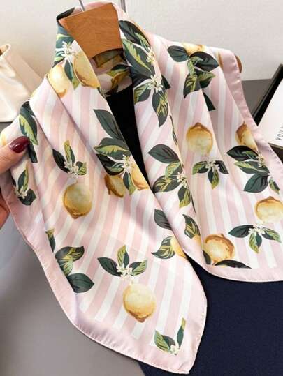 1条女士优雅复古时尚柠檬树印花轻薄缎面方形仿丝巾，波西米亚复古休闲女士颈巾、披肩，轻薄舒适，适合春夏日常穿着和外出。
