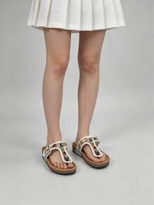 2026 Summer New Wide Fit Dopamine Colorful Rhinestone Soft Cork Thong Sandals, European And American INS Explosion, Retro Contrast Color Gemstone Thong Sandals, Suitable For Thick Feet, Friendly For Students, Versatile And Affordable - White - View 5
