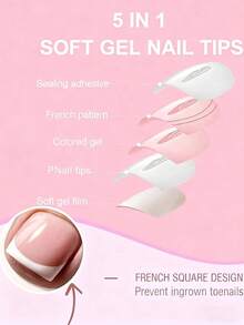 144pcs/Box Pink Square French Style Soft Gel Thick Full Coverage Fake Toenail Extension Tips, Nail Art Supplies - Square - View 2