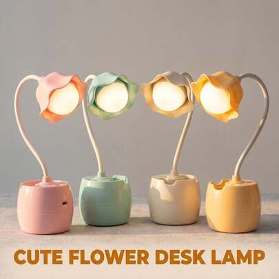 1 pieza Lámpara de escritorio con soporte para bolígrafo con diseño de flor, lámpara LED ajustable de cuidado ocular moderna adecuada para el escritorio de estudiantes/oficina (incluye cable de carga)