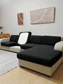 1pc Solid Color Elastic Jacquard Sofa Seat Cushion Cover, Removable And Machine Washable, Suitable For Small Sofa In Living Room, Polyester Sofa Seat And Back Cover - Black - View 2