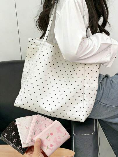 Large Capacity Polka Dot Tote Bag For Women, Stylish Lightweight Reusable Shoulder Bag, Minimalist Canvas Shopper Handbag, Aesthetic Everyday Carry Tote For Work, School, Travel, Beach, Grocery Shopping, Casual Fashion Handbag For Girls & Ladies, Durable Shopping Bag, Gift Idea For Mother'S Day, Birthday, Christmas, Holiday, Daily Organizer Carryall Bag