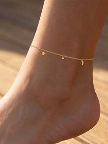 EleRunis 1 chiếc vòng đeo mắt cá chân bằng bạc sterling 925 mỏng manh, nhiều lớp, hình ngôi sao và mặt trăng, phong cách Boho, trang sức mùa hè kiểu Hawaii dành cho nữ và các cô gái yêu thích đi biển. - Vàng - Xem 6