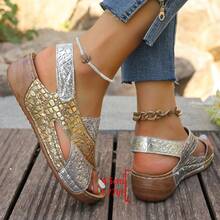 Sandal Selop Wanita Motif Bunga Bordir, Hak Wedges Empuk yang Nyaman, Sol Poliuretan yang Bernapas, Berbagai Motif, Sepatu Pantai, Sepatu Musim Panas - Emas dan perak - View 5