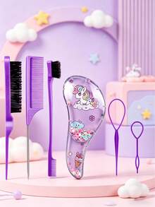 3/6-Piece Makeup Brush Set, Featuring Various Adorable Unicorn Combs To Choose From, Flip-Forward Styling Tools, Hair Band Scissors, Edge Brushes, Bristle Brushes, Teasing Combs. Suitable For Grooming, Styling And Cleaning. Suitable For Salon Use (In Pink And Purple) - Multicolor - View 3
