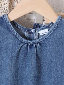 2件套女童街头风花卉刺绣无袖牛仔圆领背心+配套弹力腰直筒牛仔裤套装，夏季 - 深色水洗藍 - 查看 3