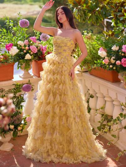 Faeriesty 女款無肩帶黃色百褶網紗長裙，適合特殊場合、派對及婚禮派對