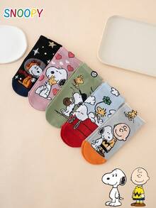 5雙 SNOOPY 系列小狗表情條紋字母圖案卡通女款短襪 - 彩色 - 查看 1