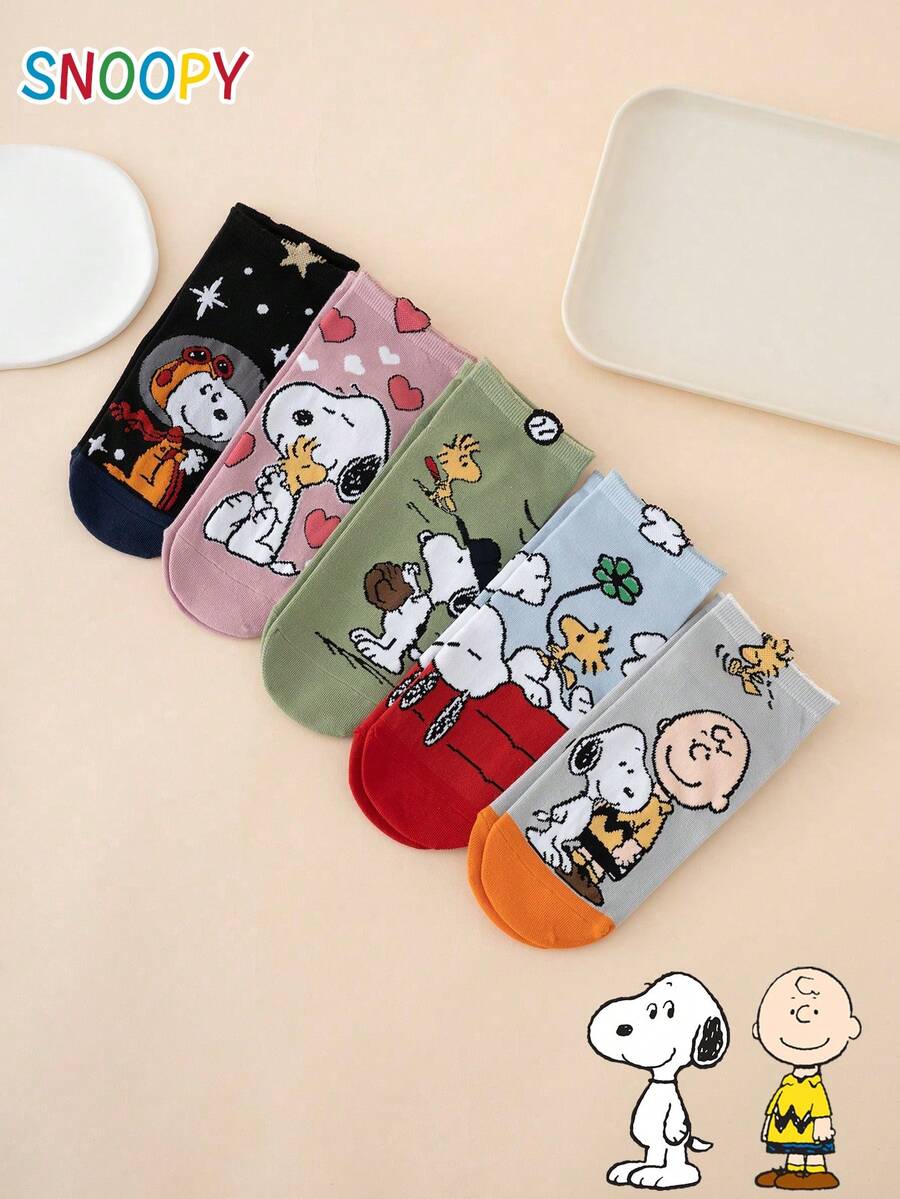 5雙 SNOOPY 系列小狗表情條紋字母圖案卡通女款短襪 - 彩色 - 查看 1