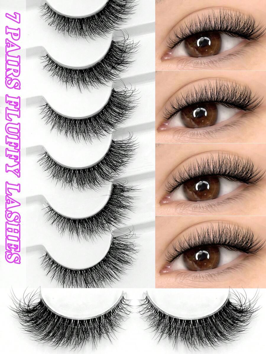 ENCHUW 7 Pairs Lashes With Clear Band Natural Look False Eyelashes Fluffy False Lashes Pack Wispy Eyelashes Curly Makeup Eyelashes For Daily Wear - Black - View 1