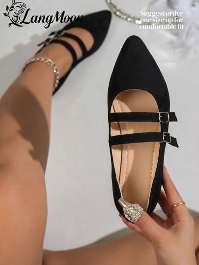 LangMoon 2026 女士优雅黑色玛丽珍平底鞋，天鹅绒豹纹面料，双扣设计，柔软舒适的平底，防滑耐穿，复古百搭，适合通勤、购物、度假、春夏穿着。
