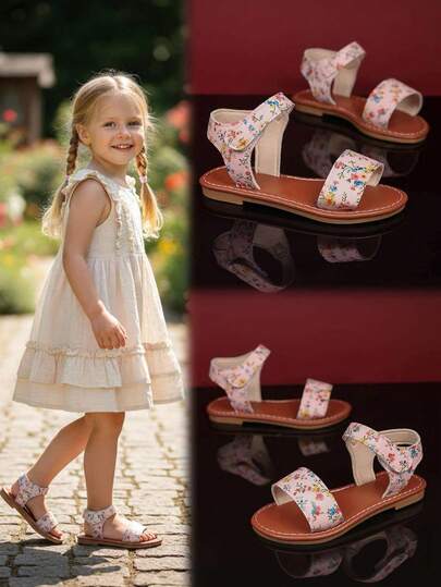 2026 Spring/Summer New Floral Print Girls Beach Sandals, Colorblock, Non-Slip Rubber Soft Sole, Design, Soft PU, Cute Children Flat Sandals Suitable For Daily, Travel, Outdoor, Party Wear