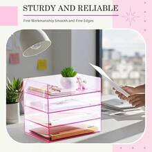 4 Tier Paper Organizer Letter Tray Pink Acrylic Desk File Organizer Heavy Duty Stackable Documents Letter Paper Holder Office Tray A4, Office Classroom Home File Pad Notebooks - Transparent Pink + 12.4 X 8.7 X 2.7 Inches - View 6