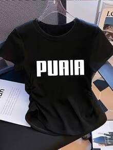 Talla unisex. Camiseta de algodón de talla grande para mujer, ideal para el verano. Estampado artístico con letras - estilo Y2K - Camiseta deportiva casual de talla pequeña, ajustada, de color sólido, con pliegues en la cintura y cuello redondo de manga corta, adecuada para las cuatro estaciones. El material absorbe el sudor, es suave y agradable para la piel. - Negro - Ver 3