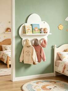 Cute Cloud Shaped Wooden Floating Wall Shelf With 3 Hooks, Nursery Wall Storage Organizer Rack For Baby Bibs Hats Toys Decor - Multicolor - View 7
