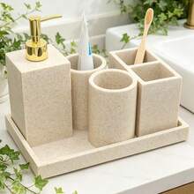 Bộ phụ kiện phòng tắm, Bộ tủ lavabo họa tiết đá sa thạch, Bình đựng xà phòng cầm tay, Cốc đựng xà phòng, Khay đựng xà phòng, Khay đựng bàn chải đánh răng - màu cát - Xem 1