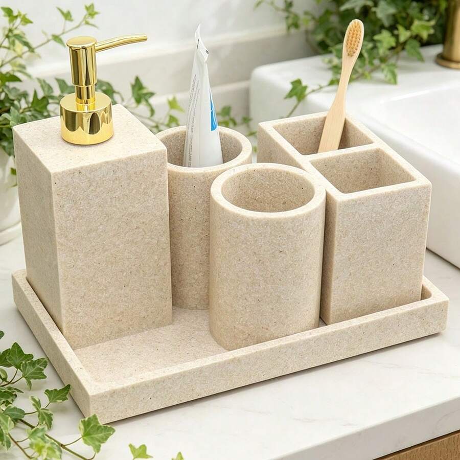 Bộ phụ kiện phòng tắm, Bộ tủ lavabo họa tiết đá sa thạch, Bình đựng xà phòng cầm tay, Cốc đựng xà phòng, Khay đựng xà phòng, Khay đựng bàn chải đánh răng - màu cát - Xem 1