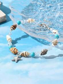1 chiếc vòng tay vỏ sò, sao biển và hạt cườm, vòng tay mặt dây chuyền sao biển kiểu đại dương, thích hợp cho kỳ nghỉ biển. - Nhiều màu - Xem 2