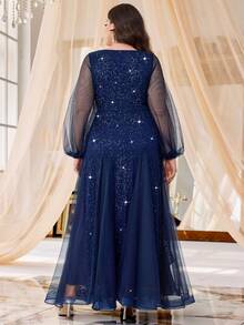 Plus Size Deep V-Neck Sequin Floral Lace Contrast Mesh Mermaid Ruffle Hem Evening Party Dress, Wedding Guest Dress Elegant - Navy Blue - View 2