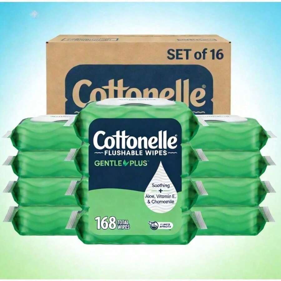 Premium Specials! Paraben-Free Gentle Clean Wipes | Hypoallergenic Dermatologist-Tested Wipes | Cottonelle Gentle Plus Flushable Wet Wipes, 4 Flip-Top Packs - 168 - 查看 1