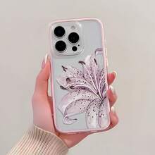 1pc Pink Frame Transparent Minimalist Lens Protection Anti-Fall Anti-Collision Pink Lily Flower Phone Case, Personalized For IPhone 16 Pro Max, 17/16/15/14 Plus, 13/12/11, Air - Multicolor - View 3