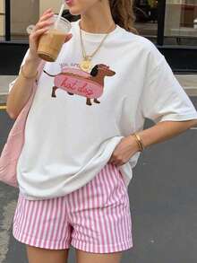 Camiseta de mujer de verano blusa oversize de manga corta con estampado perro salchicha ideal para el tiempo libre y las vacaciones en la playa-Vintage Street Style Unisex Loose Cotton Short Sleeve Crew Neck T-Shirt - Blanco - Ver 1