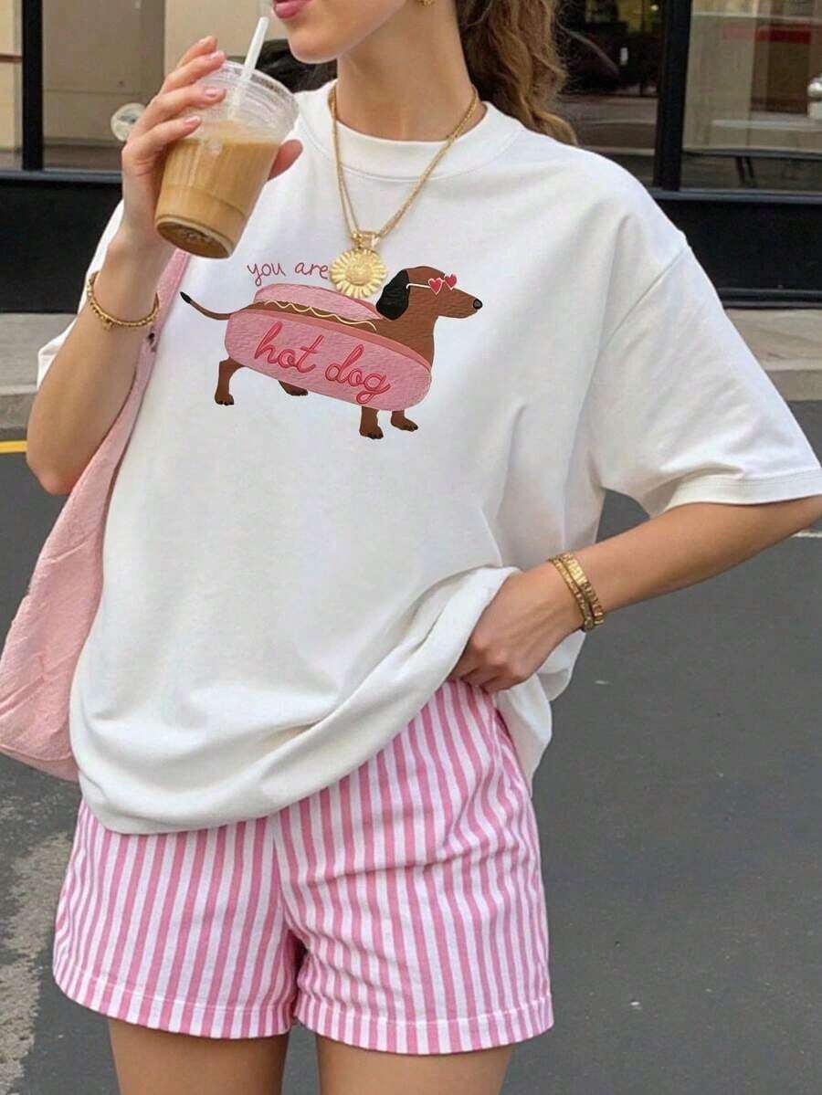 Camiseta de mujer de verano blusa oversize de manga corta con estampado perro salchicha ideal para el tiempo libre y las vacaciones en la playa-Vintage Street Style Unisex Loose Cotton Short Sleeve Crew Neck T-Shirt - Blanco - Ver 1