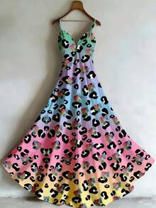 Women' Retro Hong Kong Style V-Neck Cami Dress - High Waist Long Maxi Dress Suitable For Seasons, Elegant Full-Body Print Dress For, Weddings, Parties, Machine Washable V-Neck Camisole Dress - 黑色 - 查看 1