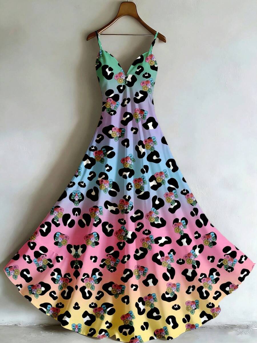 Women' Retro Hong Kong Style V-Neck Cami Dress - High Waist Long Maxi Dress Suitable For Seasons, Elegant Full-Body Print Dress For, Weddings, Parties, Machine Washable V-Neck Camisole Dress - 黑色 - 查看 1