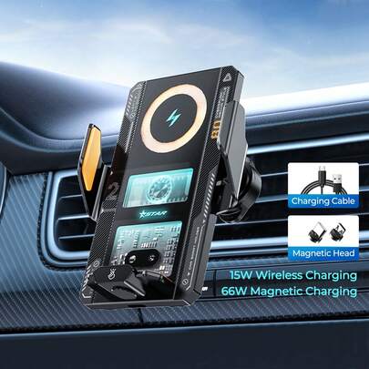 REMAX Transparent Mecha Style Ultra-Thin Car Mount, Smart Sensor Auto Open/Close, 15W Wireless + 66W Magnetic Fast Charging, 360° Adjustable, RGB Ambient Light, Car Accessories, Car Stuff, Car Essential, Type-C Charger, IPhone Charger