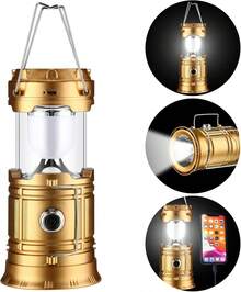 Rechargeable Camping Flashlight, Portable White LED Lamp For Indoor And Outdoor Use, USB Solar Powered Cell Phone Charger - Dorado - View 1