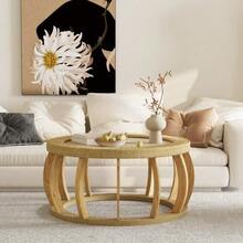 Vintage Round Coffee Table Made Of Rattan And Solid Wood, Boho Style Side Table With Curved Legs For Dining Room, Kitchen And Living Room, Natural Color. - Warna alami - View 3