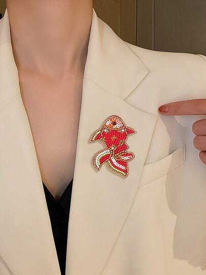 1枚亮红色亮片锦鲤鱼骨胸针，波西米亚风彩色串珠手工胸针，幸运礼物，女士时尚配饰