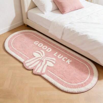 1pc Pink & White Oval Shaped, Bow Decor, Faux Wool Rug, Thickened Carpet, Decorative Rug, Bedroom Decor, Small Rug, Carpet, Home Decor, Living Room Rug, Small Living Room Rug, Bedroom Rug, Living Room Home Decor, Outdoor Rug, Washable Rug